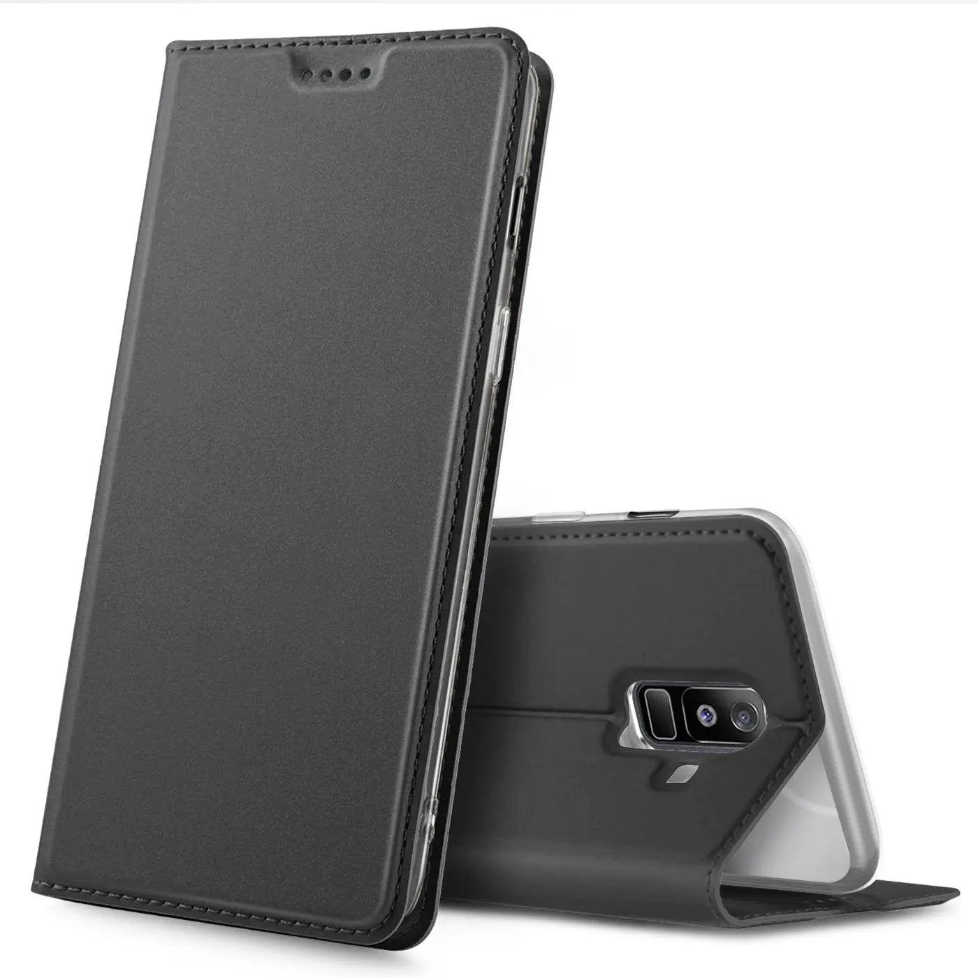 Dunkelgraue Kunstleder-Flip-Hülle, Vorder- und Rückansicht, für Samsung Galaxy A6 Plus.