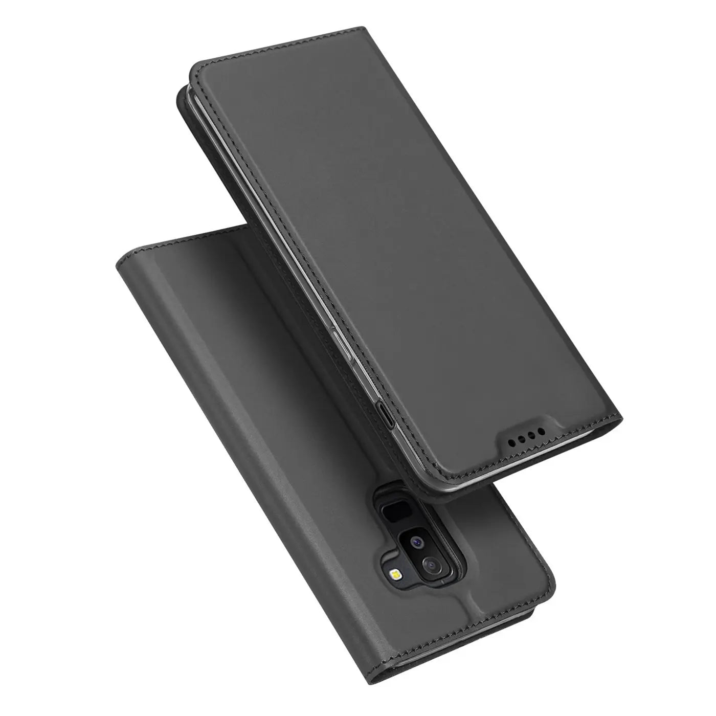 Graue Kunstleder-Flip-Hülle für Samsung Galaxy A6 Plus, von oben schräg fotografiert.