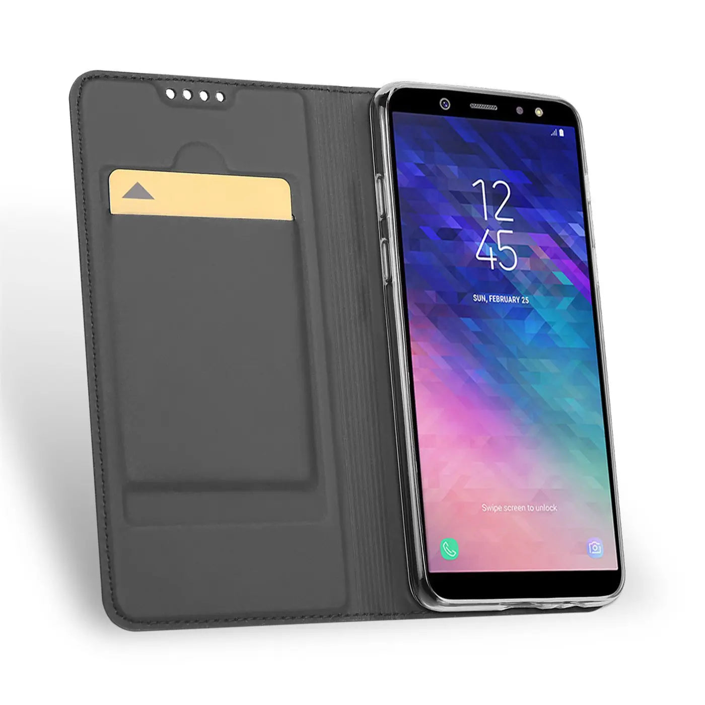 Graue Kunstleder-Flip-Hülle mit Kartenfach, zeigt Samsung Galaxy A6 Plus von vorne.