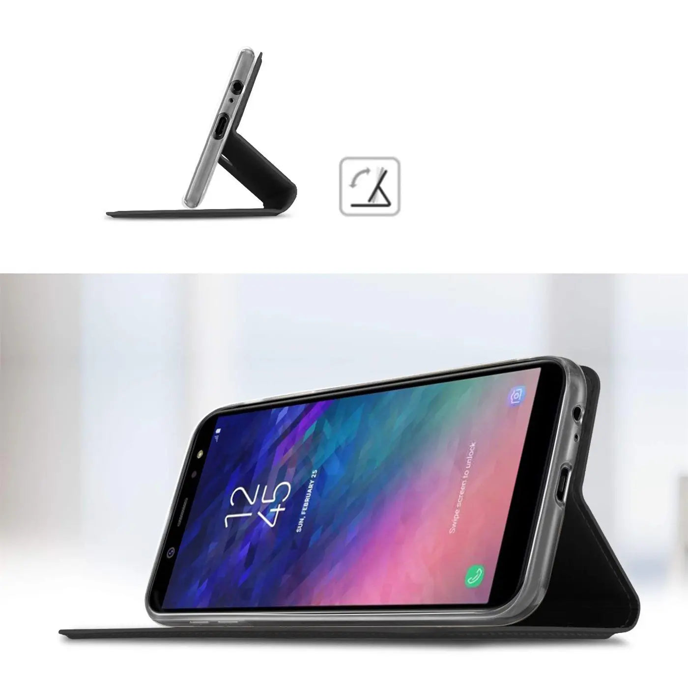 Samsung Galaxy A6 Plus in metallic grauer Klapphülle, von vorne, aufgestellt