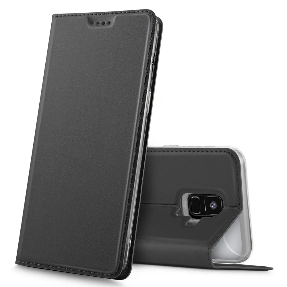 Schwarze Kunstleder-Flip-Hülle, Vorderansicht, für Samsung Galaxy A6