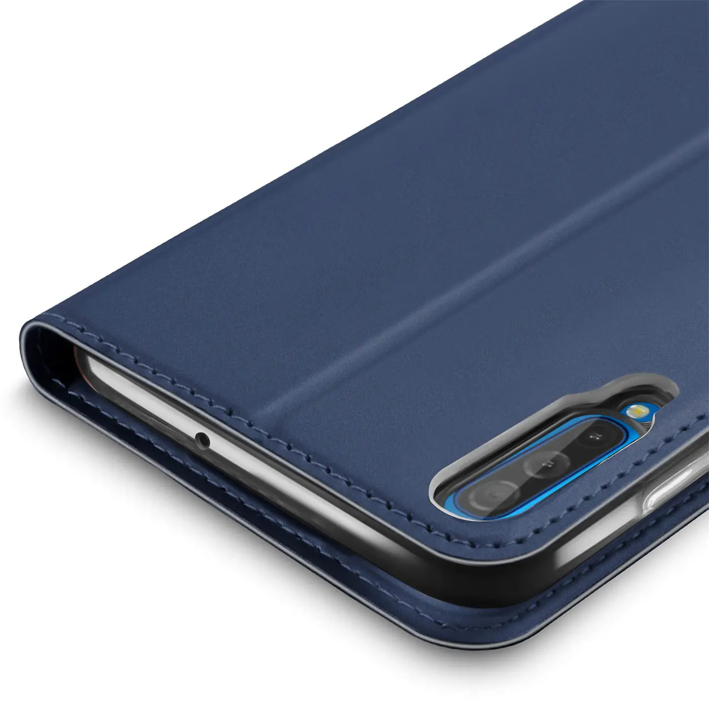 Dunkelblaue Kunstleder-Flip-Hülle mit Nähten, Nahaufnahme, Samsung Galaxy A70/A70s