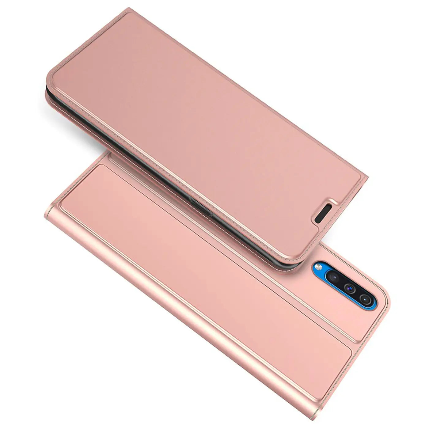 Roségoldene Metallic-Flip-Hülle aus Kunstleder, Klappansicht, zeigt Samsung Galaxy A70/A70s Rückseite.
