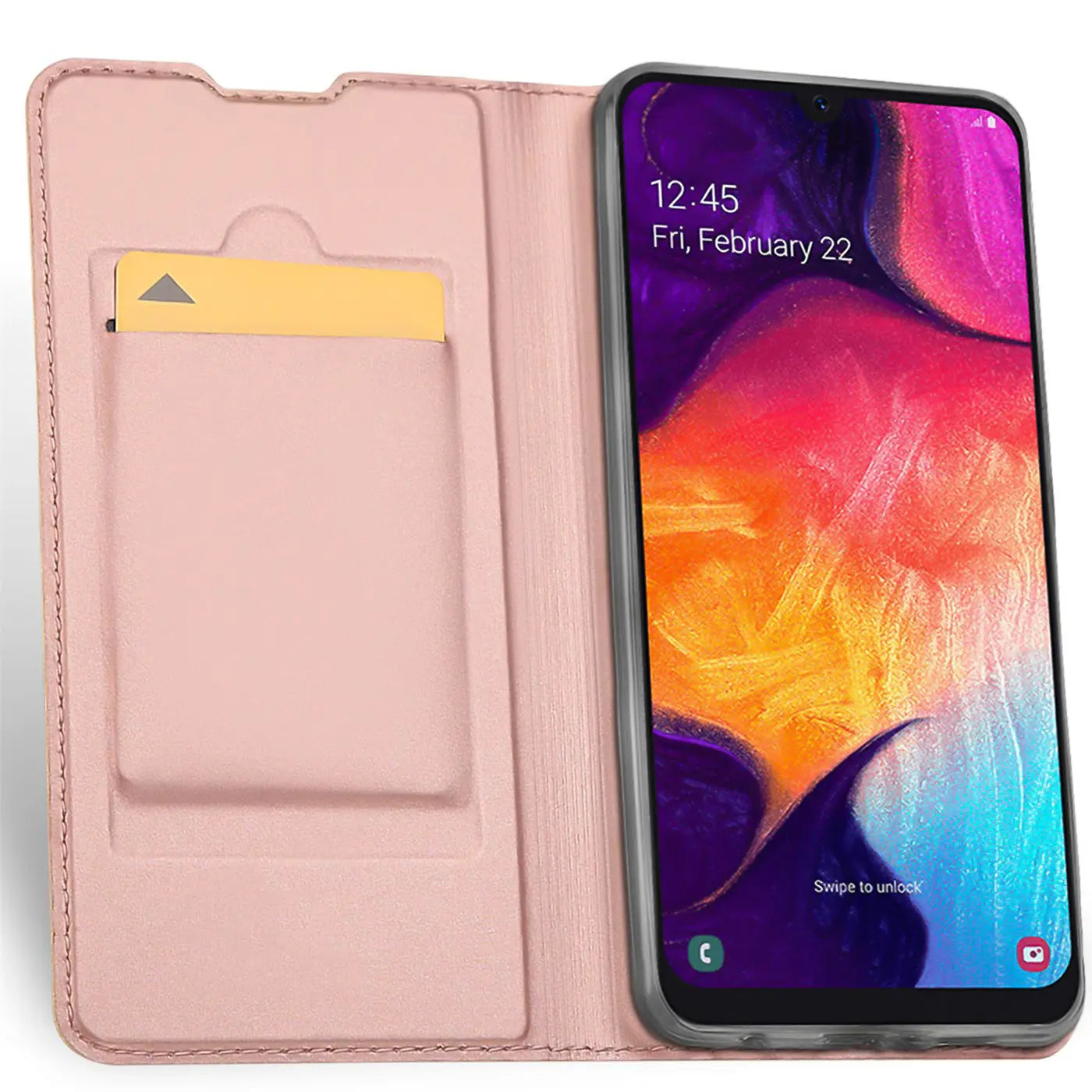 Rosa Kunstleder-Flip-Hülle mit Kartenfach, Samsung Galaxy A70/A70s, von vorne