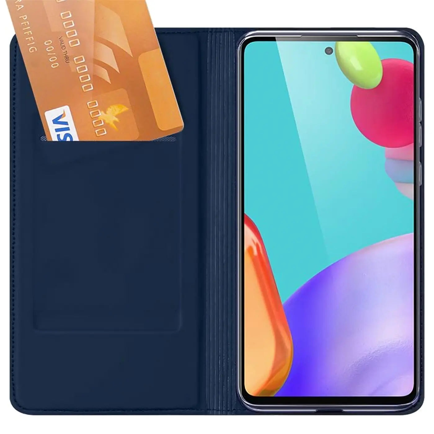 Dunkelblaue Kunstleder-Flip-Hülle mit zwei Kartenfächern, zeigt Samsung Galaxy A72.