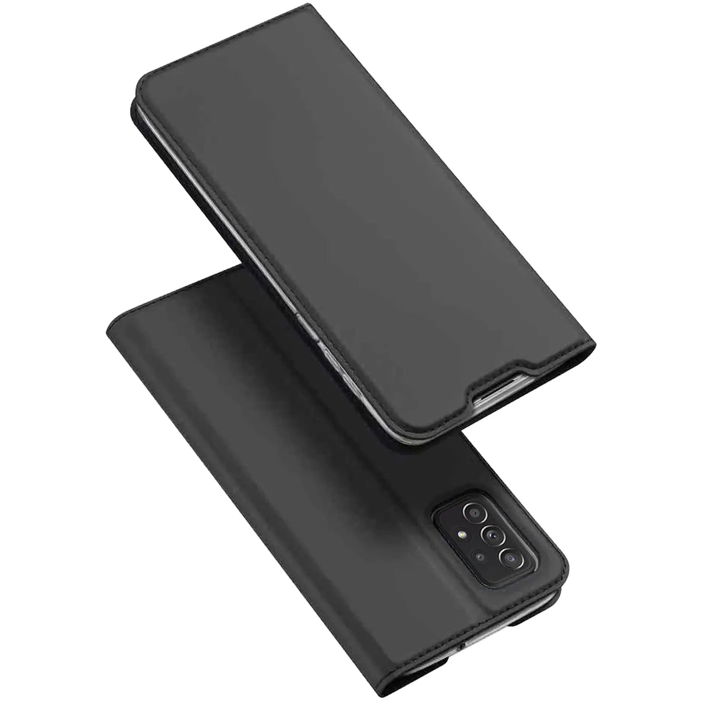 Schwarze Leder-Flip-Hülle für Samsung Galaxy A72, von oben schräg betrachtet.