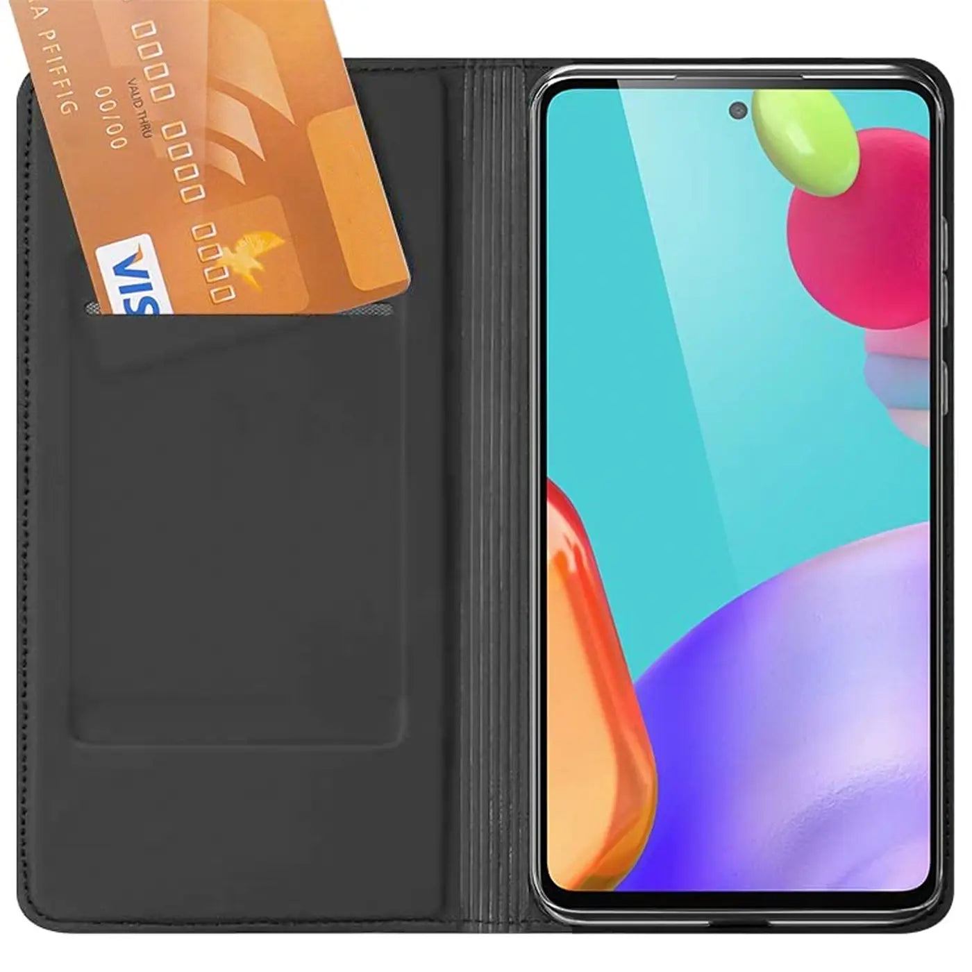 Schwarze Leder-Flip-Hülle mit Kartenfach für Samsung Galaxy A72, von vorne gezeigt.