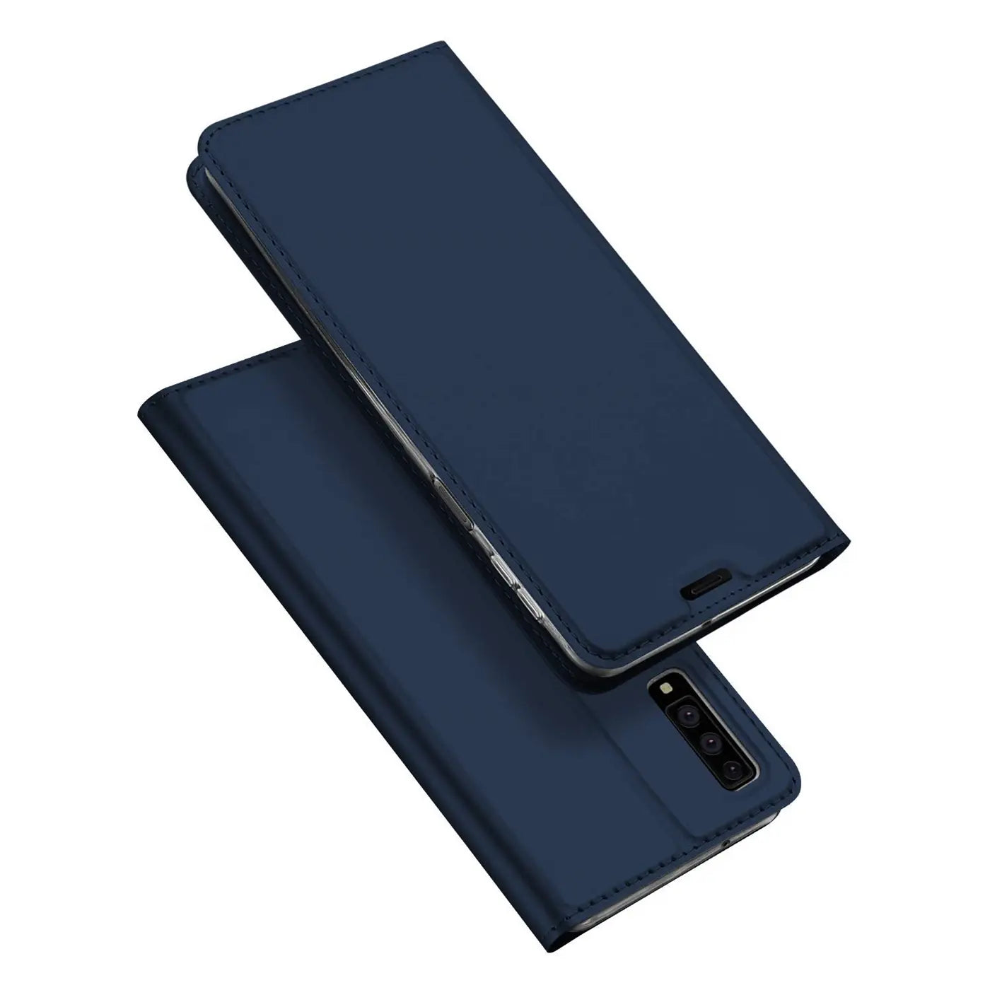 Dunkelblaue Leder-Flip-Hülle für Samsung Galaxy A7 2018, von oben schräg fotografiert.