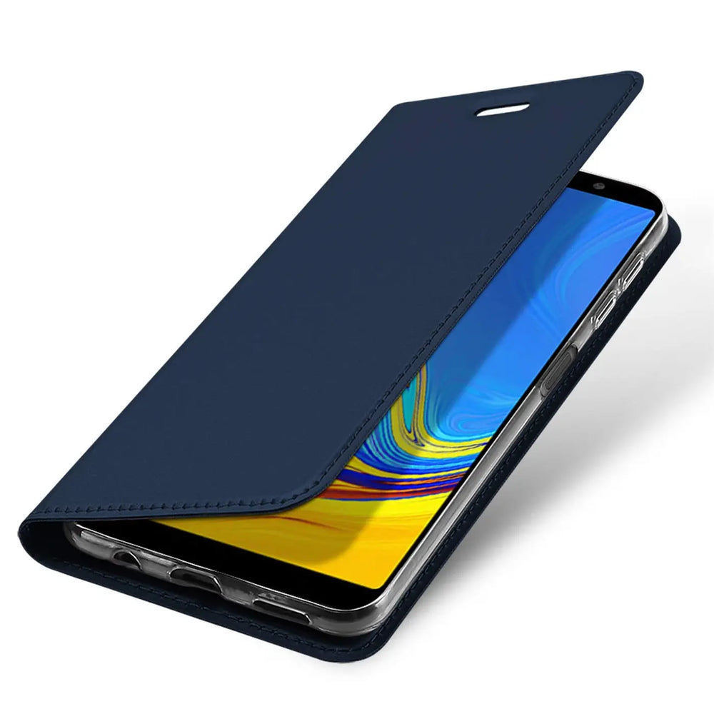 Dunkelblaue Kunstleder-Flip-Hülle für Samsung Galaxy A7 2018, von schräg oben