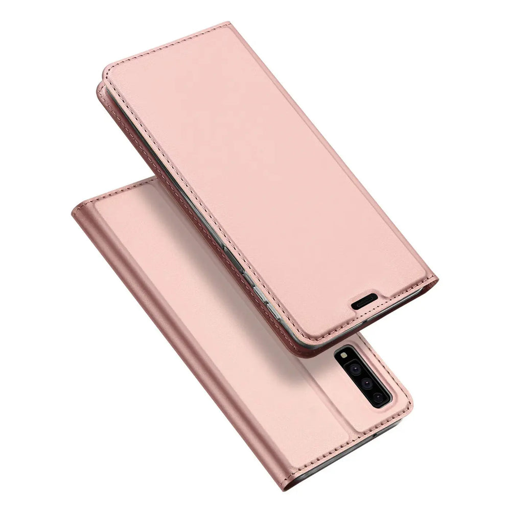 Roségoldene Metallic-Flip-Hülle, Klapphülle, Samsung Galaxy A7 2018, von oben schräg