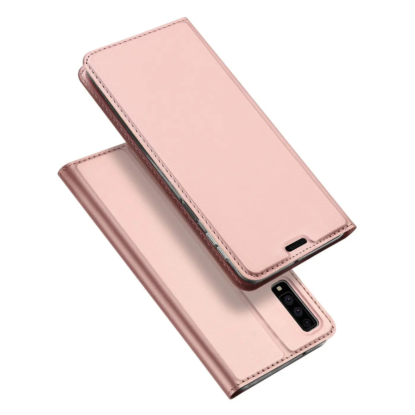 Roségoldene Metallic-Flip-Hülle, Klapphülle, Samsung Galaxy A7 2018, von oben schräg