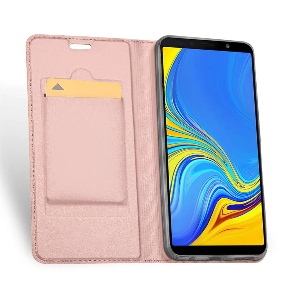 Rosa Kunstleder-Flip-Hülle mit Kartenfach, Samsung Galaxy A7 2018, von vorne