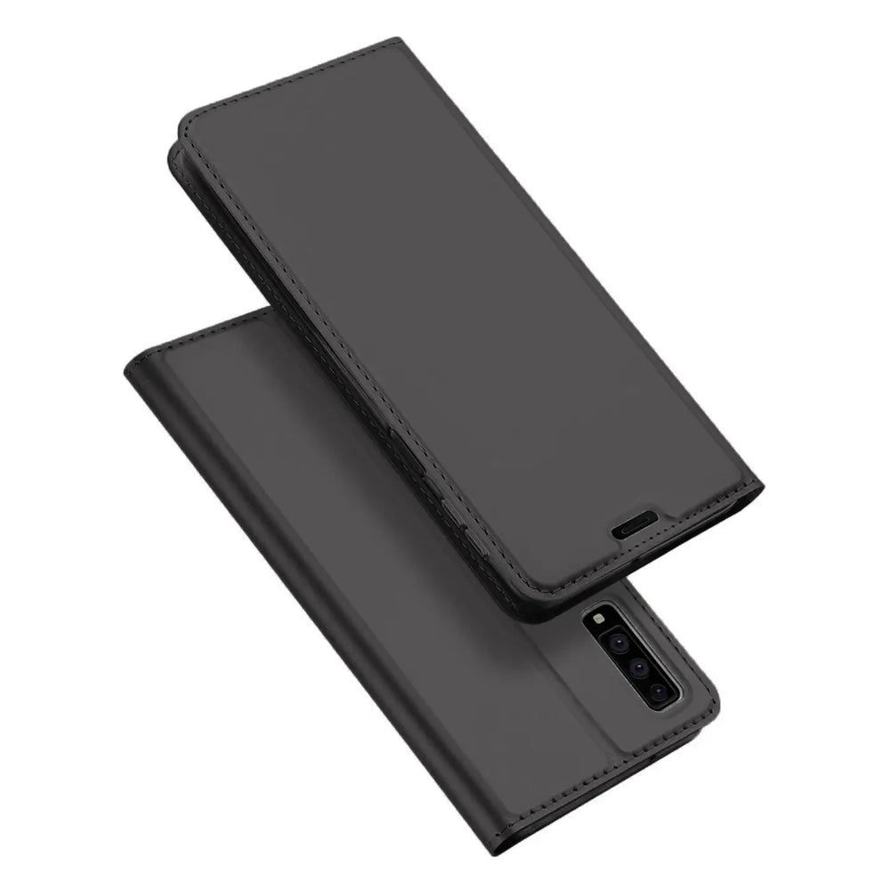 Dunkelgraue Leder-Flip-Hülle für Samsung Galaxy A7 2018, von oben schräg fotografiert.