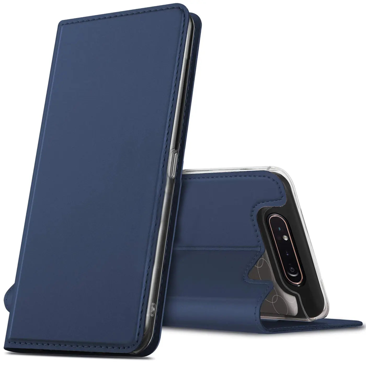 Dunkelblaue Klapphülle aus Lederimitat, seitliche Ansicht, mit Samsung Galaxy A80.