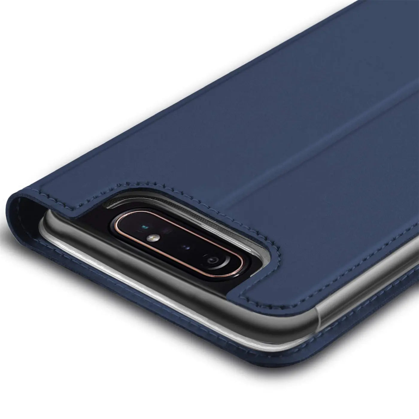 Dunkelblaue Leder-Flip-Hülle, Nahaufnahme, Samsung Galaxy A80