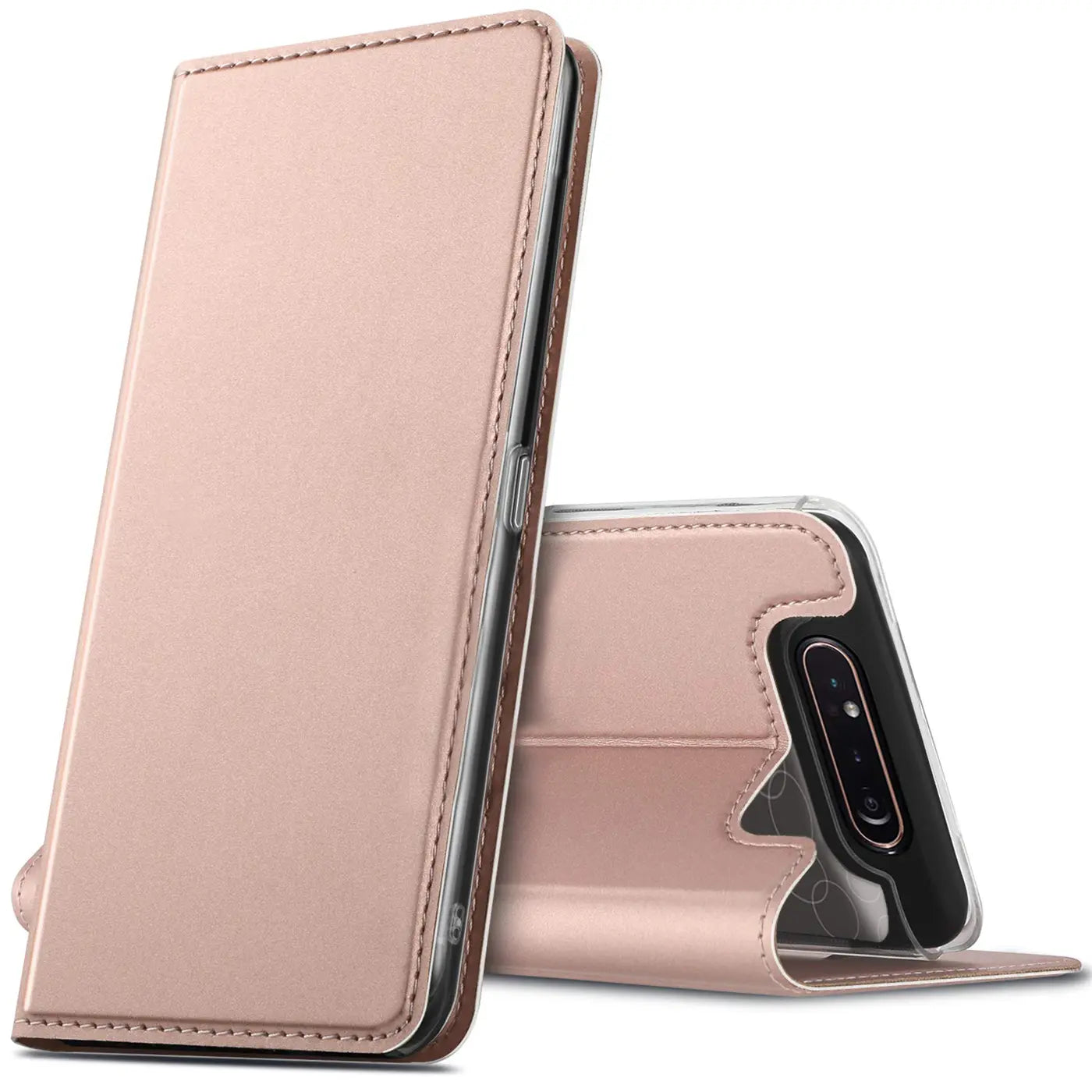 Roségoldene Klapphülle aus Kunstleder, Vorderansicht und Rückansicht mit Samsung Galaxy A80