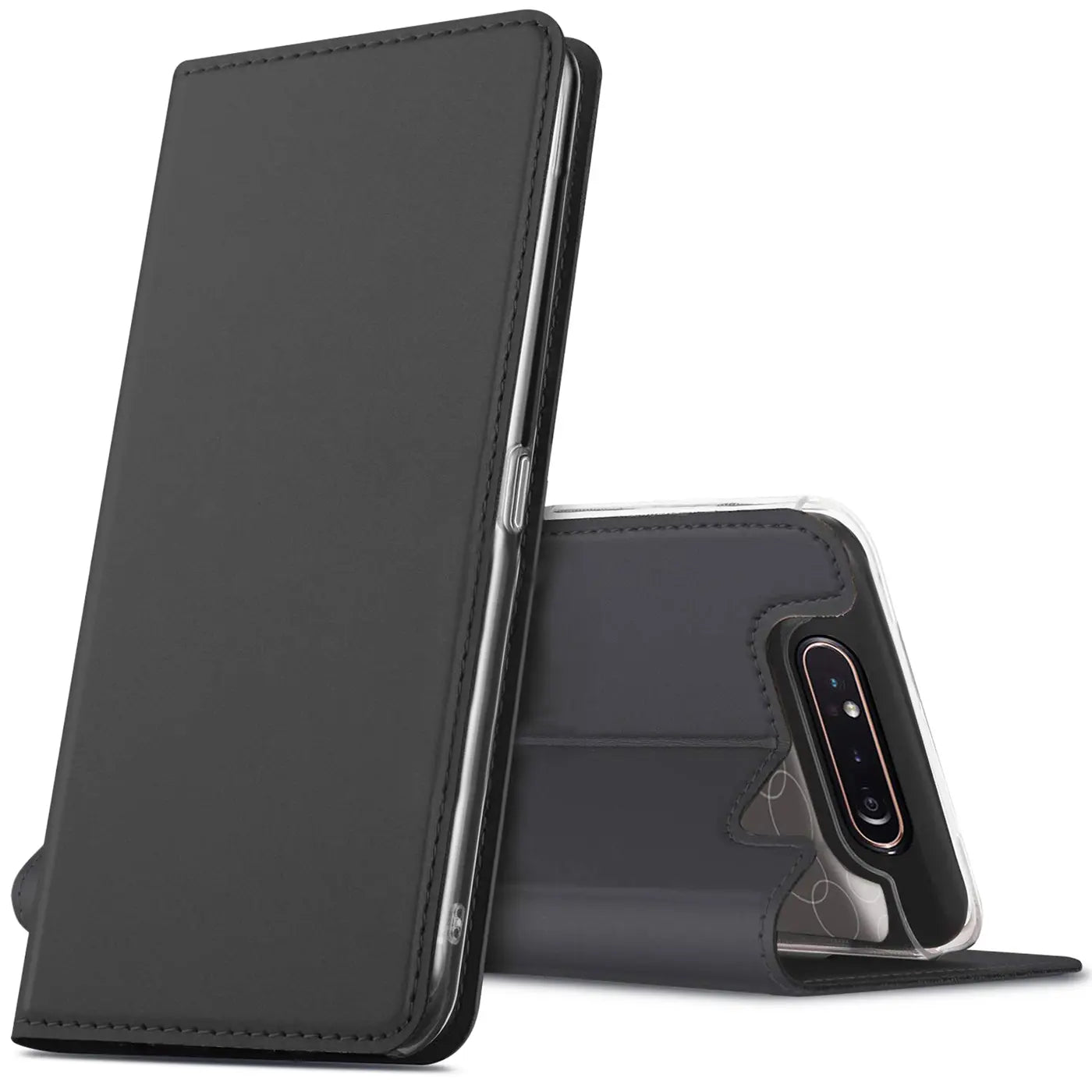 Schwarze Leder-Flip-Hülle, offen, zeigt Samsung Galaxy A80 Rückseite