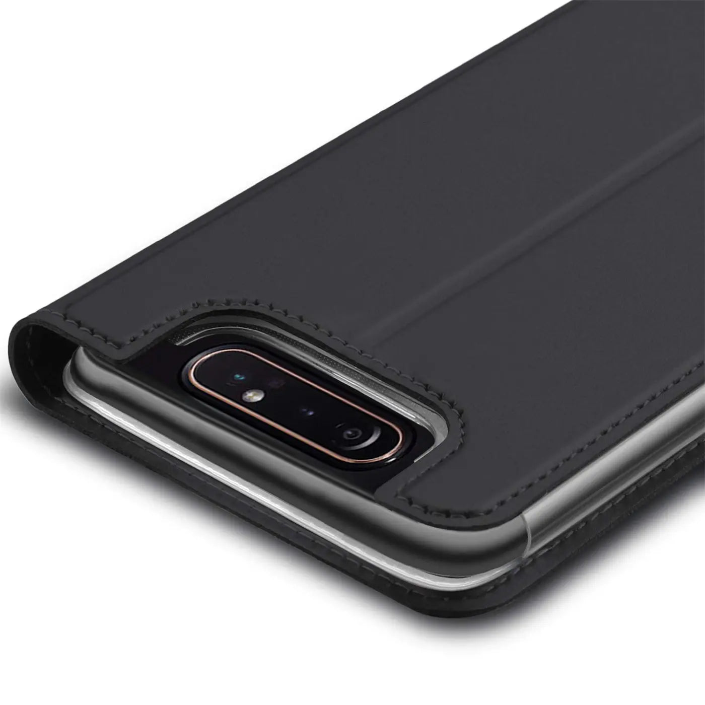 Schwarze Leder-Flip-Hülle mit sichtbarer Kamera des Samsung Galaxy A80, von oben.