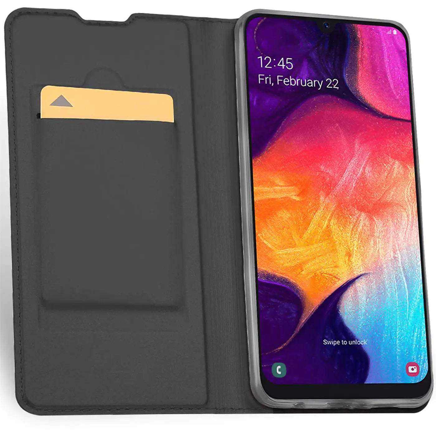 Graue Kunstleder-Flip-Hülle mit Kartenfach, zeigt Samsung Galaxy A80, von vorne.
