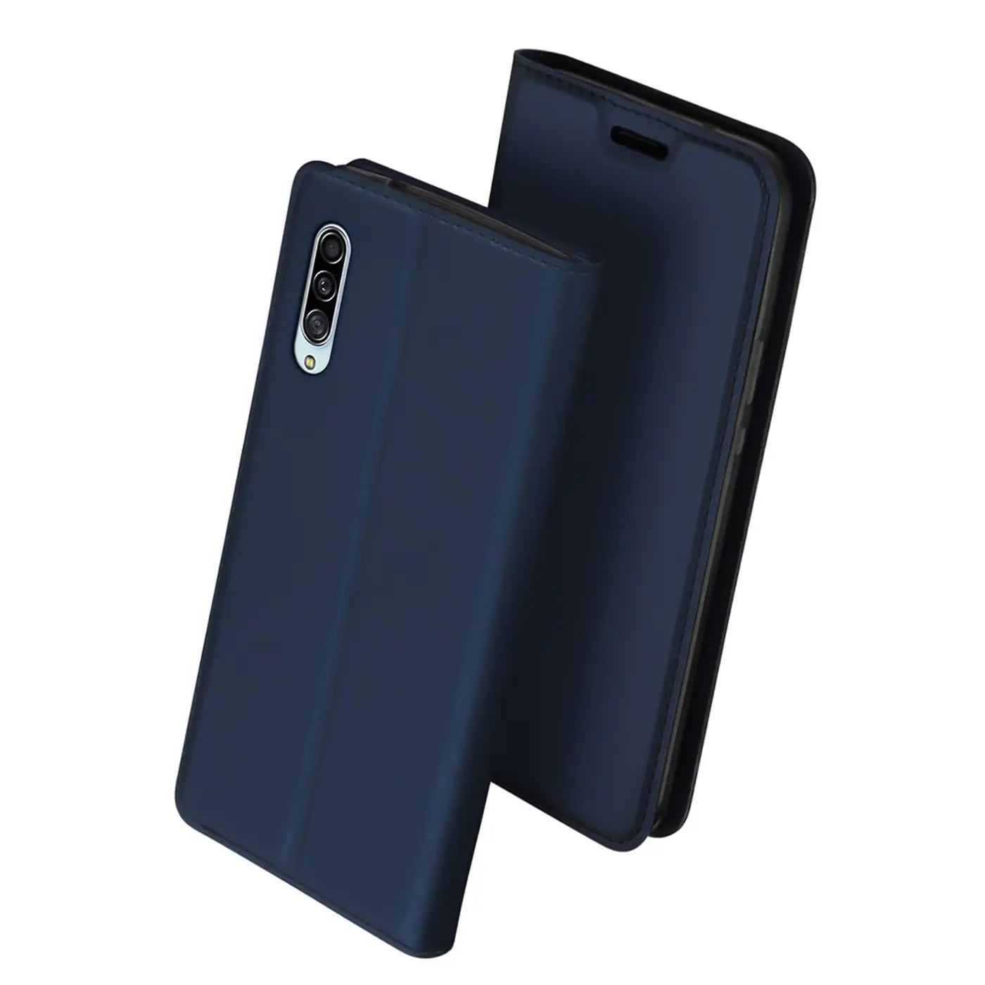 Dunkelblaue Klapphülle aus Leder für Samsung Galaxy A90 5G, von vorne links