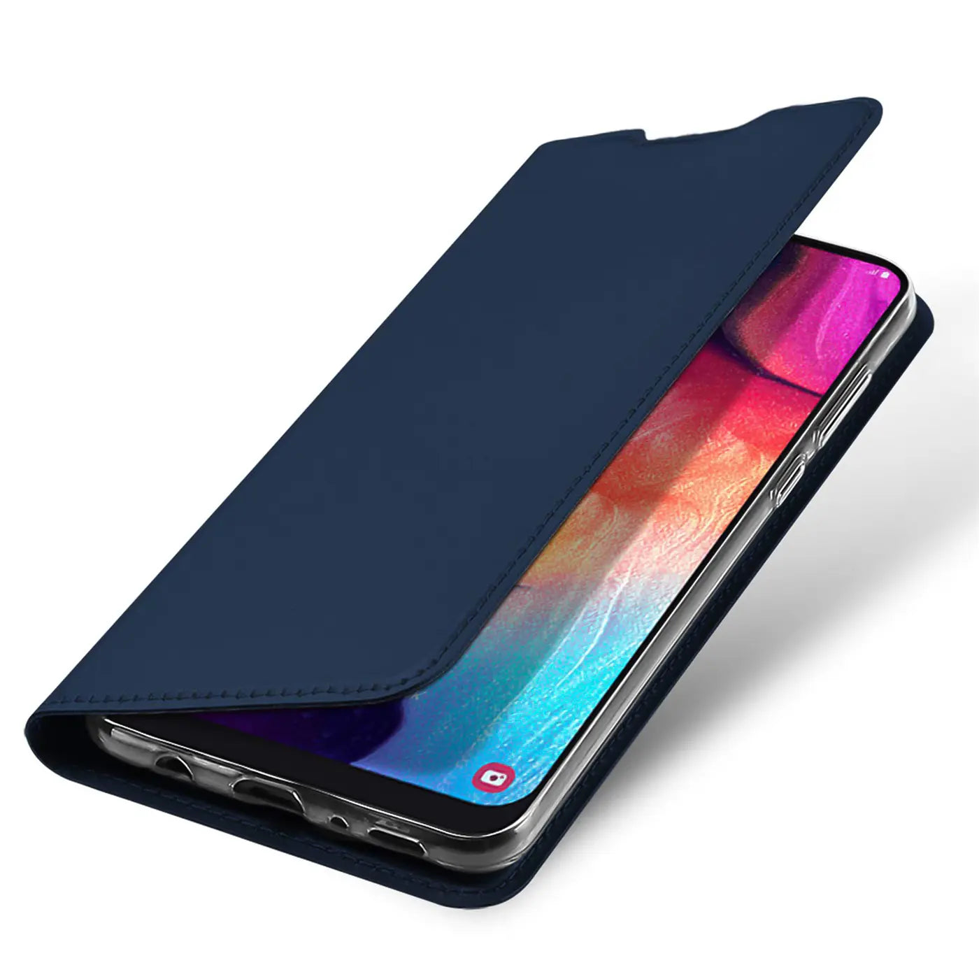 Dunkelblaue Klapphülle aus Kunstleder auf Samsung Galaxy A90 5G, von schräg oben