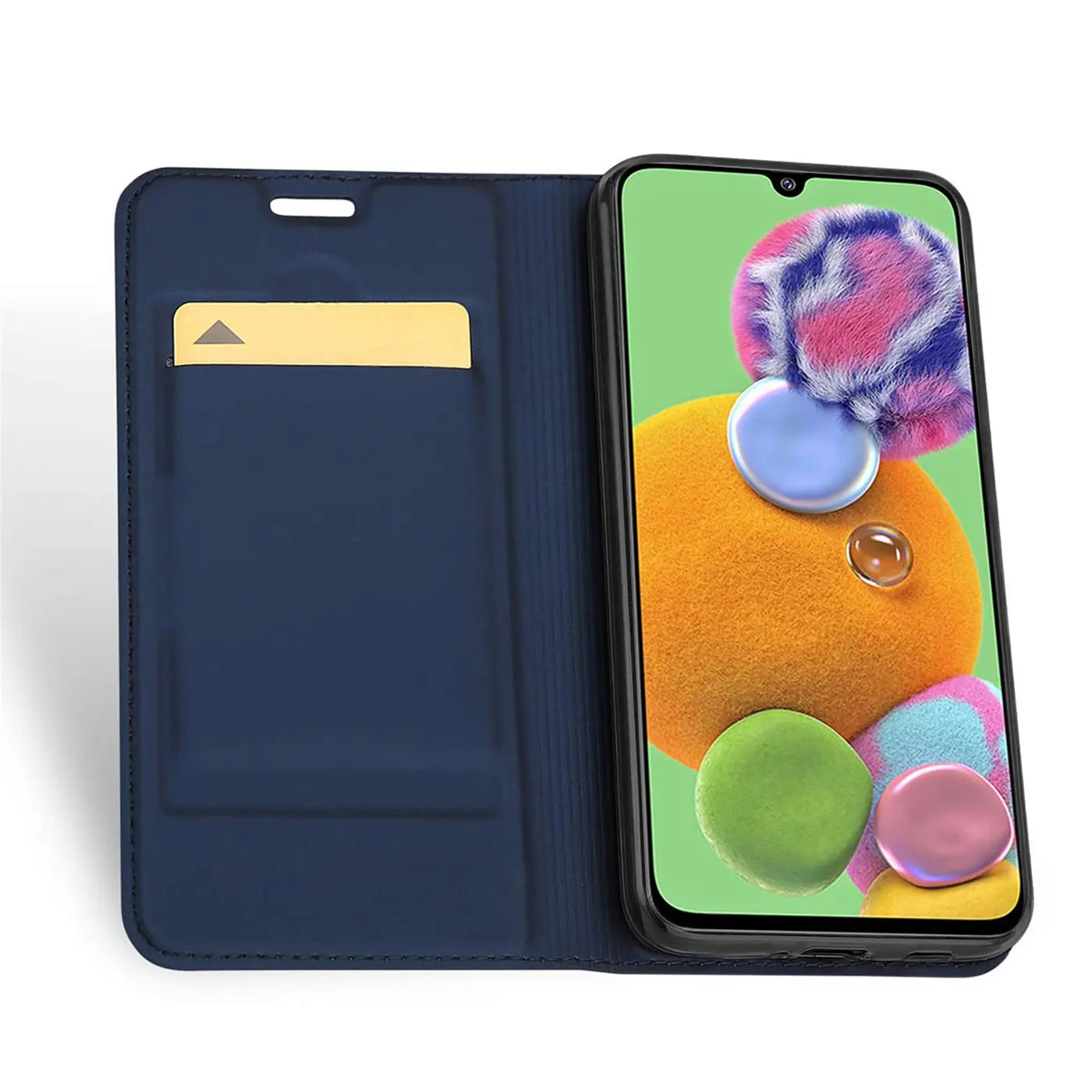 Dunkelblaue Klapphülle aus Kunstleder mit Kartenfach für Samsung Galaxy A90 5G.