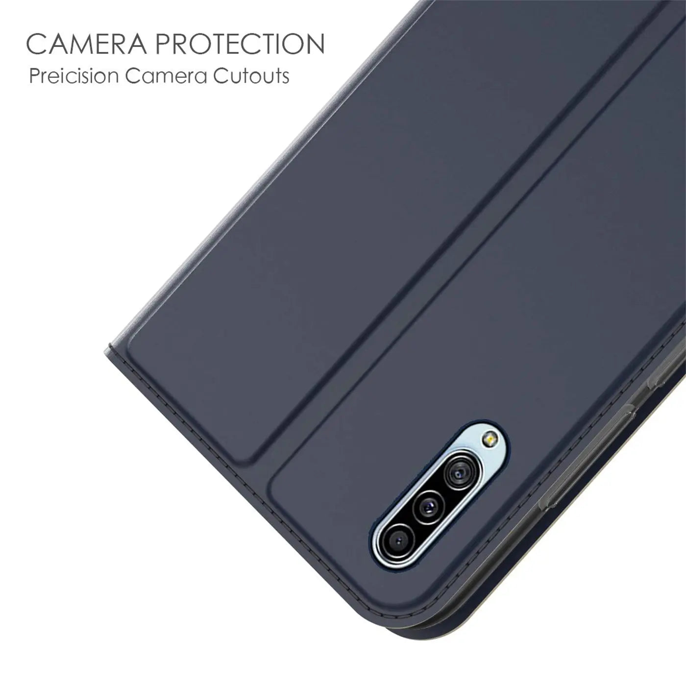 Dunkelgraue Metallic-Flip-Hülle, Nahaufnahme der Kameraaussparung eines Samsung Galaxy A90 5G.