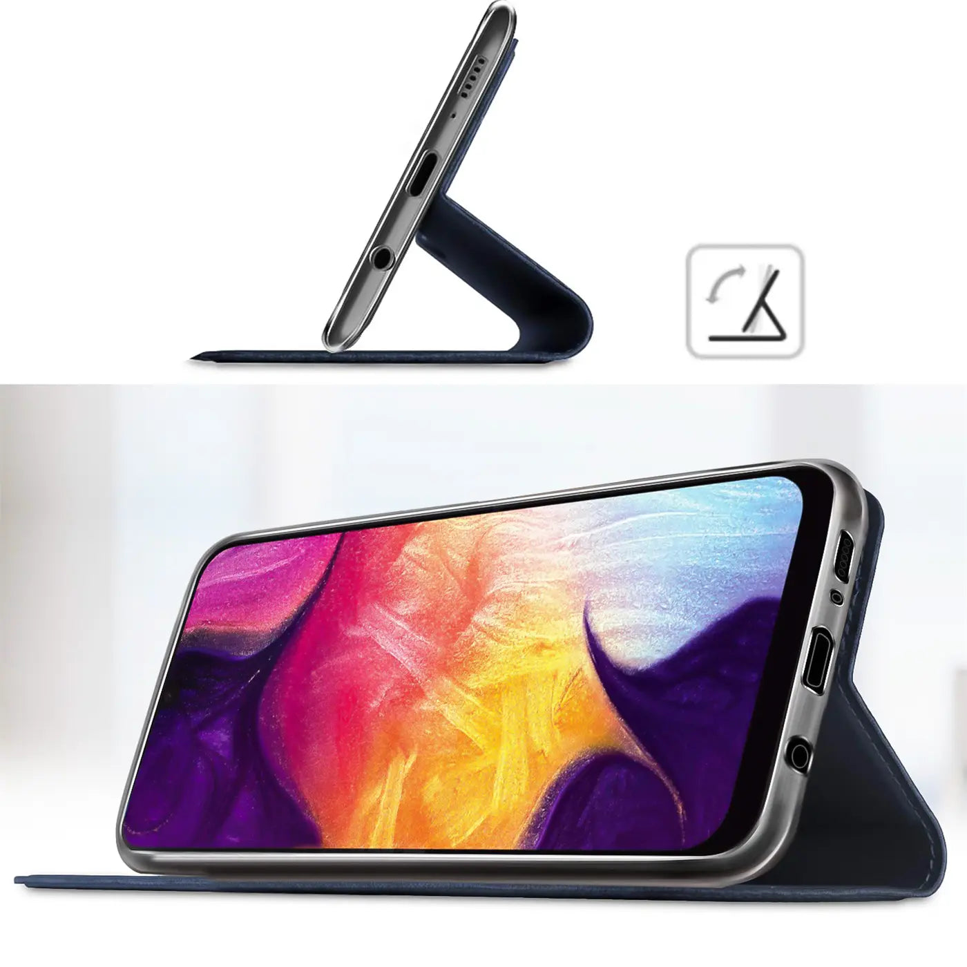 Dunkelblaue Klapphülle aus Kunstleder, seitliche Ansicht, Samsung Galaxy A90 5G.