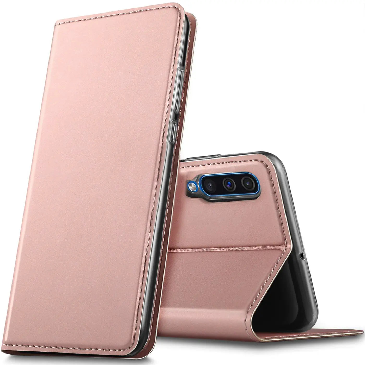 Rosafarbene Metallic-Flip-Hülle aus Kunstleder für Samsung Galaxy A90 5G, von vorne schräg