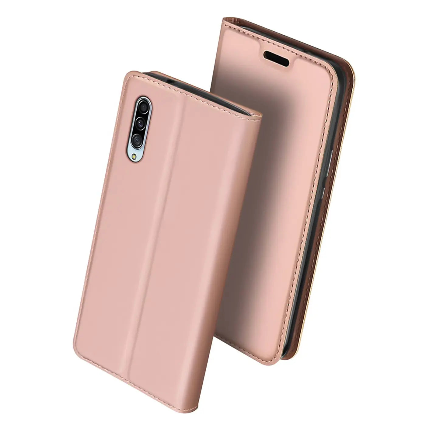 Metallic roségoldene Klapphülle aus Kunstleder für Samsung Galaxy A90 5G, von vorne schräg