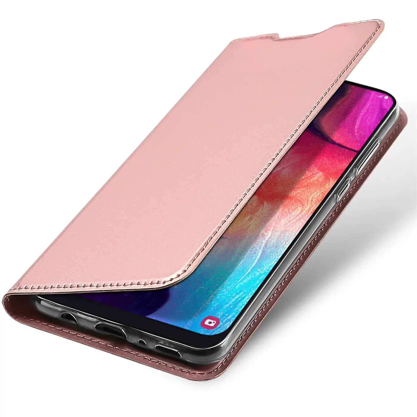Rosa Metallic Flip Hülle aus Kunstleder, seitliche Ansicht, zeigt Samsung Galaxy A90 5G.