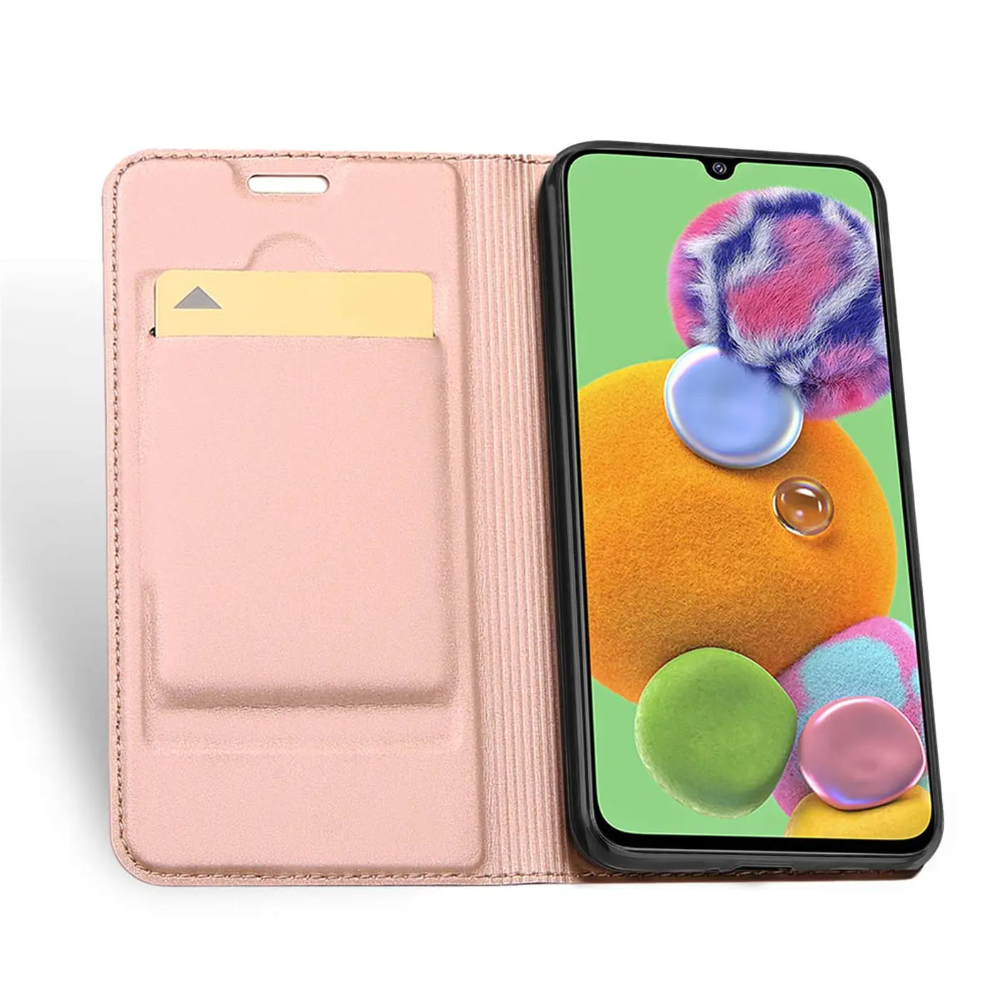 Rosa Leder-Flip-Hülle mit Kartenfach, zeigt Samsung Galaxy A90 5G.