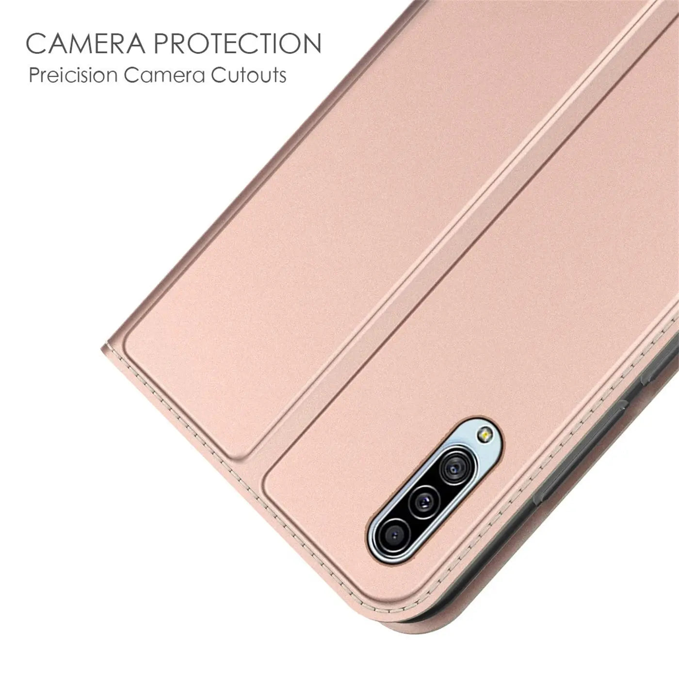 Rosafarbene Metallic-Flip-Hülle aus Leder, Nahaufnahme der Kameraaussparung für Samsung Galaxy A90 5G.