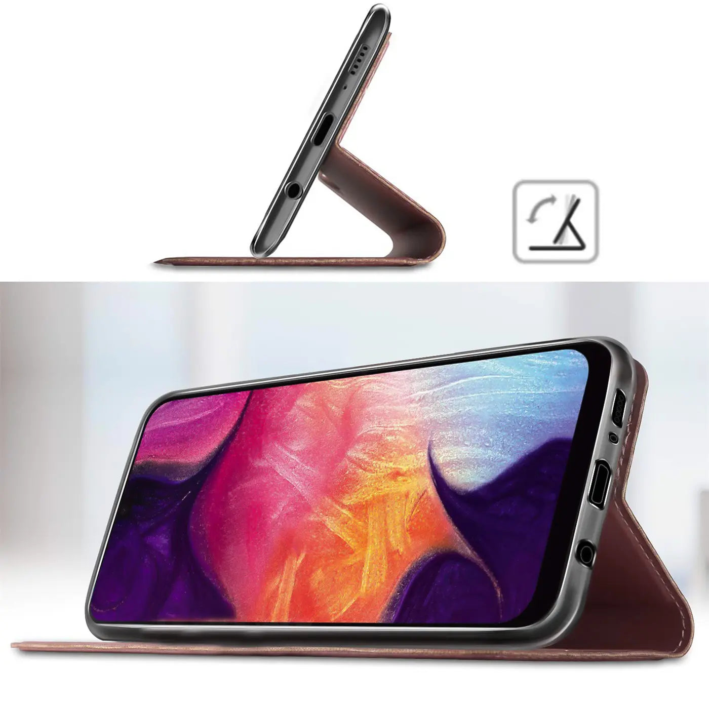 Braune Leder-Flip-Hülle, aufgestellt als Ständer, mit Samsung Galaxy A90 5G.