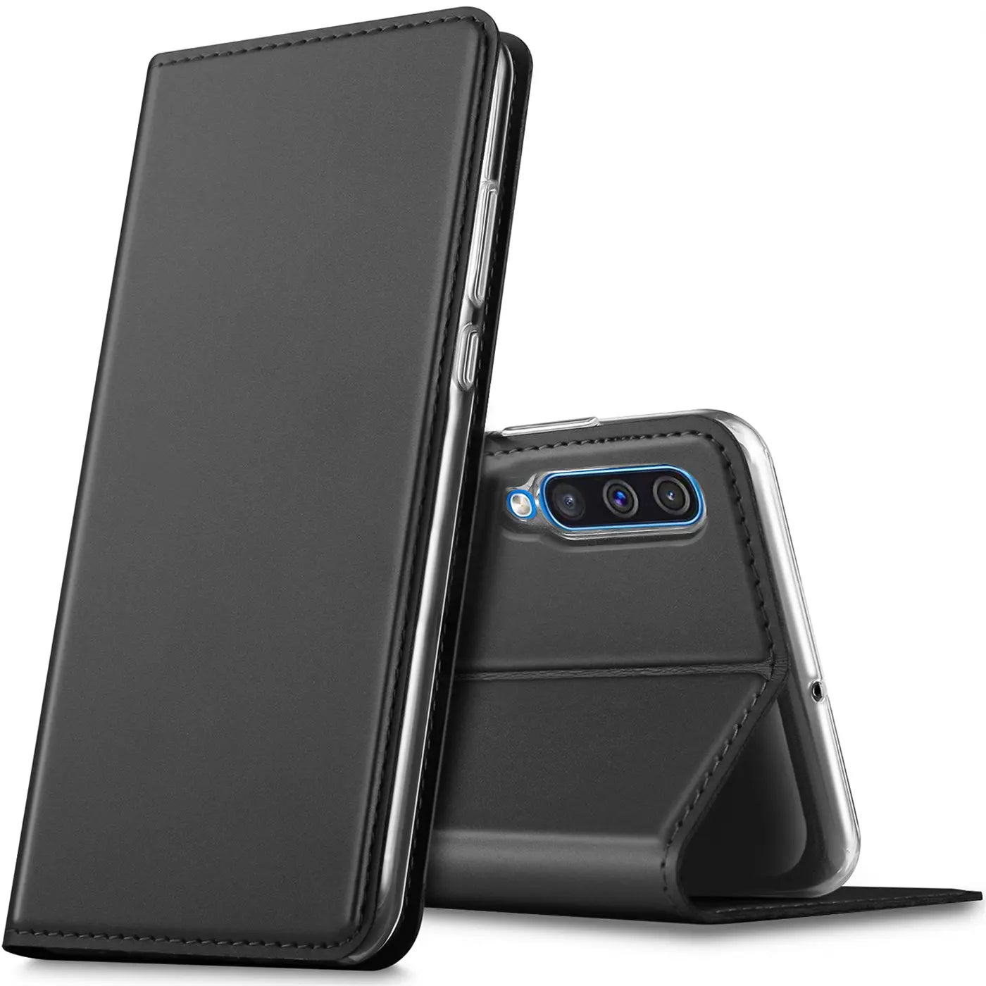 Schwarze Leder-Flip-Hülle, halb geöffnet, zeigt Rückseite eines Samsung Galaxy A90 5G.