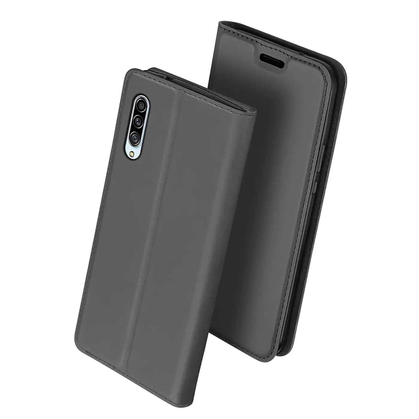 Graue Kunstleder-Flip-Hülle für Samsung Galaxy A90 5G, von schräg vorne gesehen.