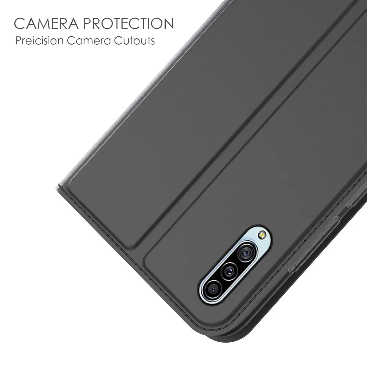 Dunkelgraue Klapphülle aus Kunstleder für Samsung Galaxy A90 5G, Nahaufnahme der Kamera.