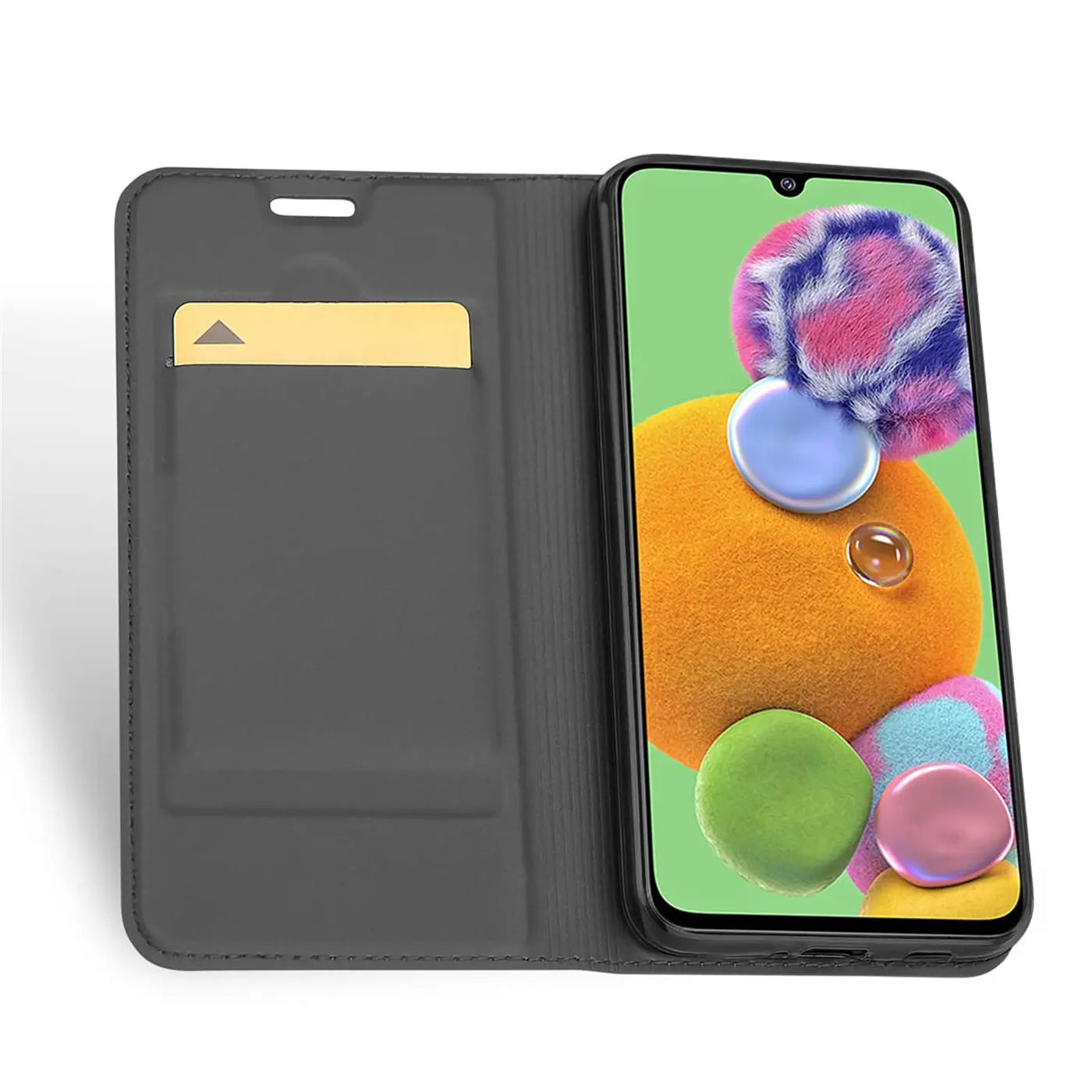 Graue Kunstleder-Flip-Hülle mit Kartenfach für Samsung Galaxy A90 5G, von vorne