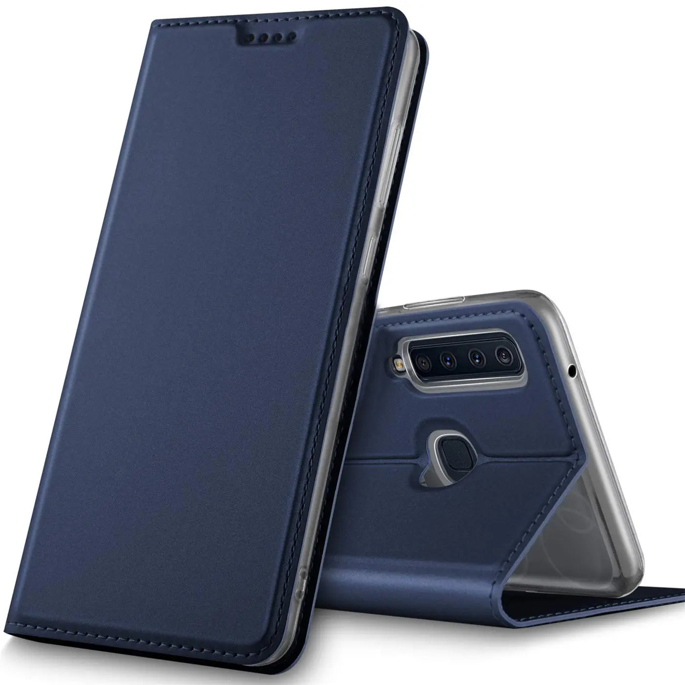 Dunkelblaue Kunstleder-Flip-Hülle für Samsung Galaxy A9 2018, von vorne links.