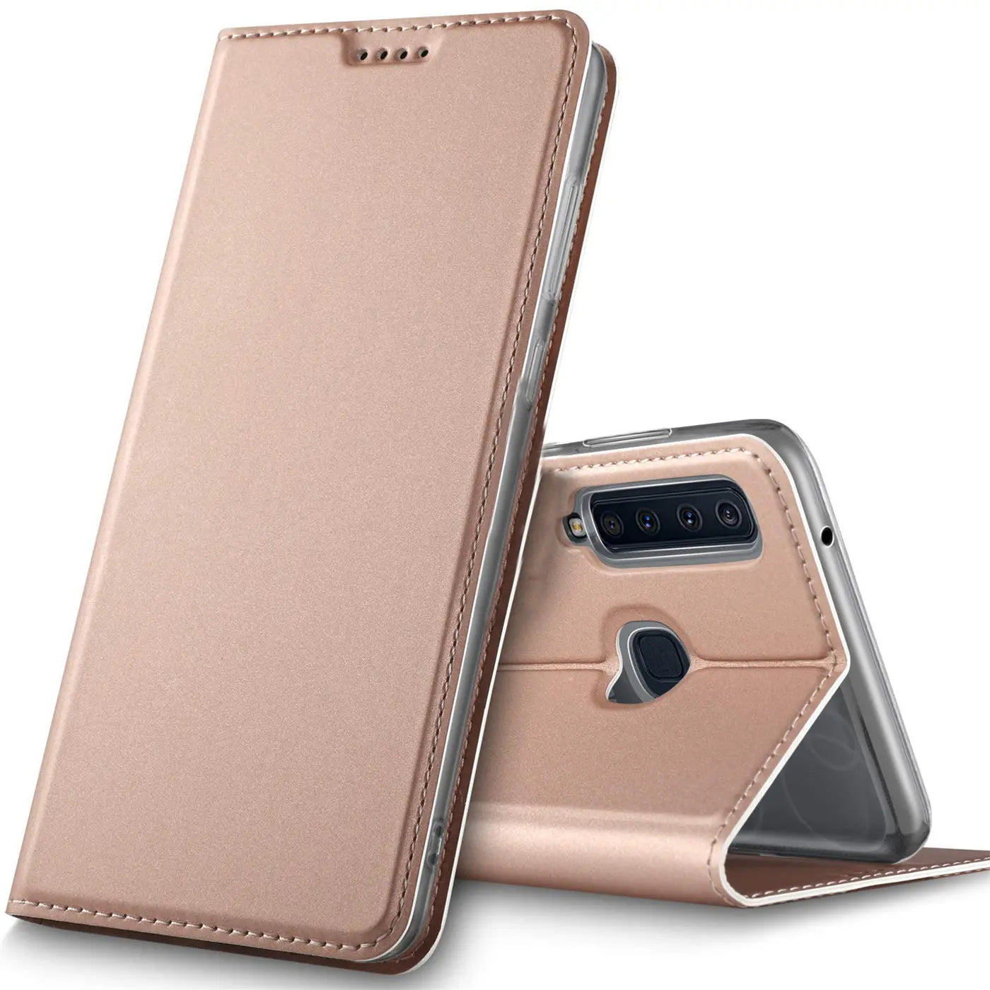 Roségoldene Metallic-Flip-Hülle, Material Kunstleder, Vorderansicht, Samsung Galaxy A9 2018.