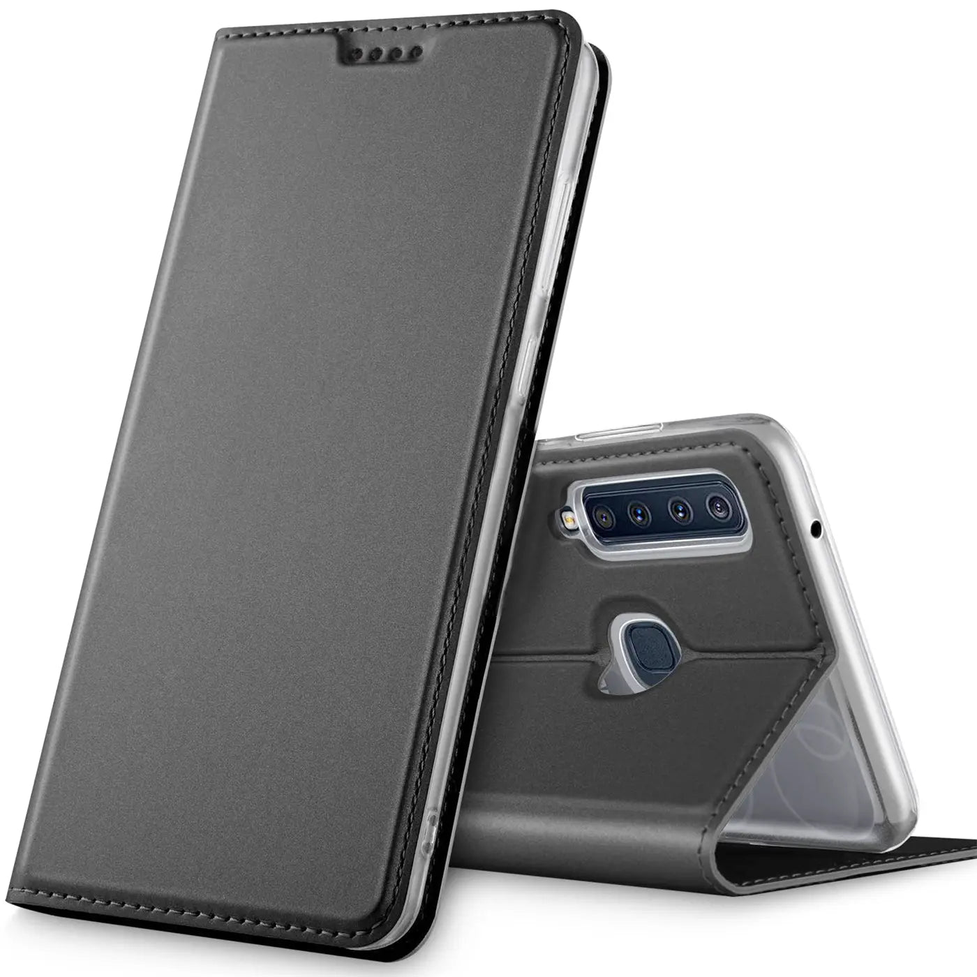 Graue Metallic-Flip-Hülle aus Kunstleder für Samsung Galaxy A9 2018, von vorne links