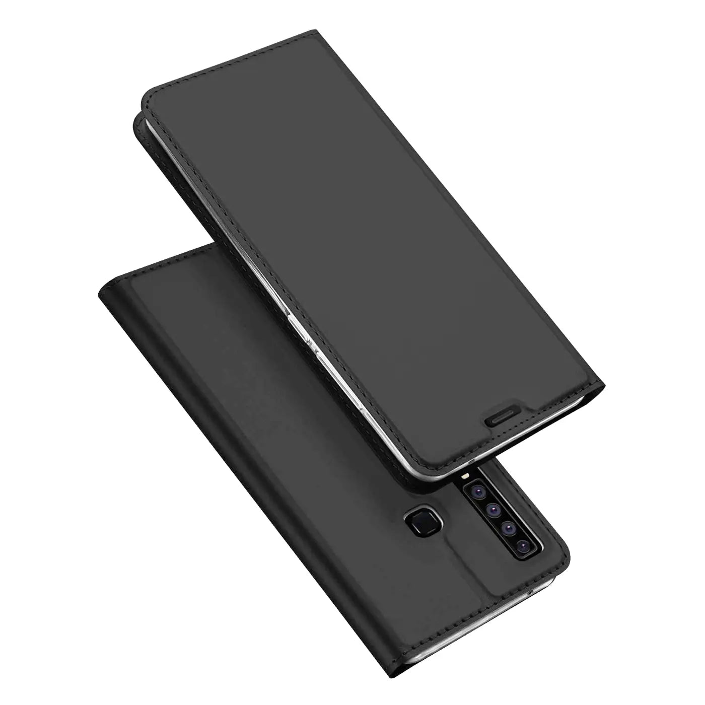 Schwarze Kunstleder-Flip-Hülle für Samsung Galaxy A9 2018, von schräg oben fotografiert.