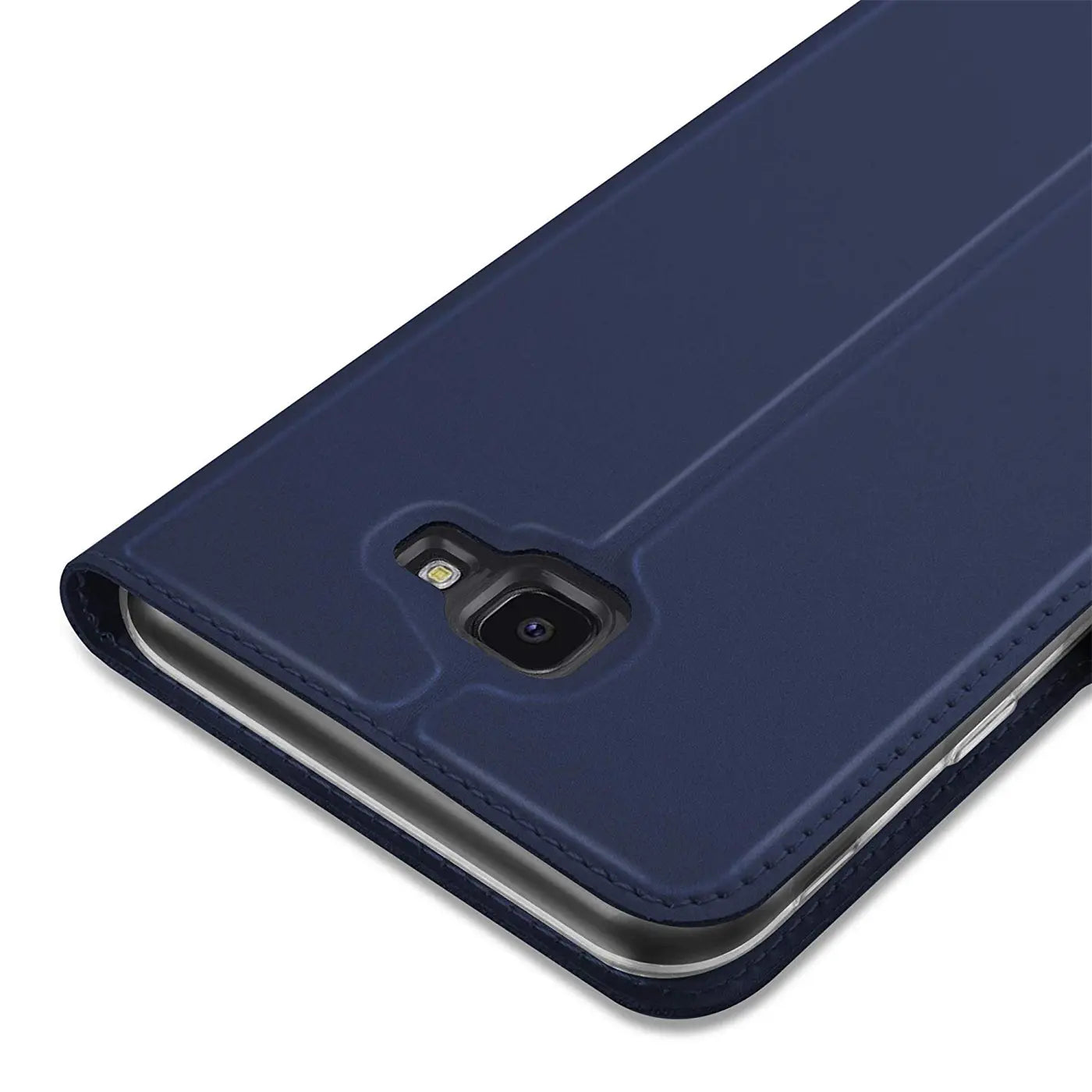 Dunkelblaue Kunstleder-Flip-Hülle für Samsung Galaxy J4 Plus, Nahaufnahme von hinten.
