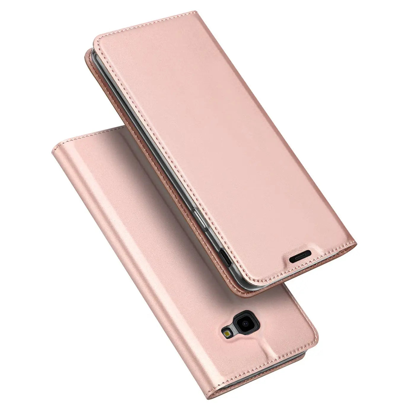 Metallic rosegoldene Klapphülle aus Kunstleder, von oben/schräg, für Samsung Galaxy J4 Plus.
