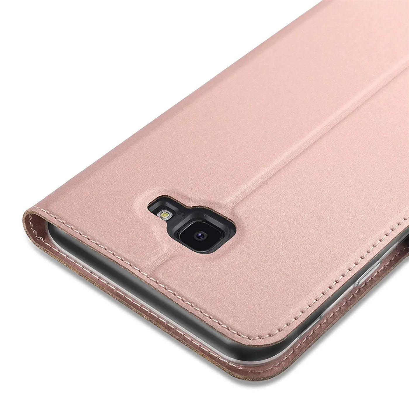 Rosa Metallic Flip Hülle aus Kunstleder, Nahaufnahme der Kamera, Samsung Galaxy J4 Plus