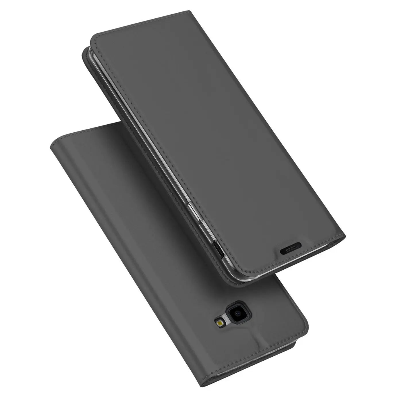 Graue Kunstleder-Flip-Hülle, von oben/seitlich, für Samsung Galaxy J4 Plus.