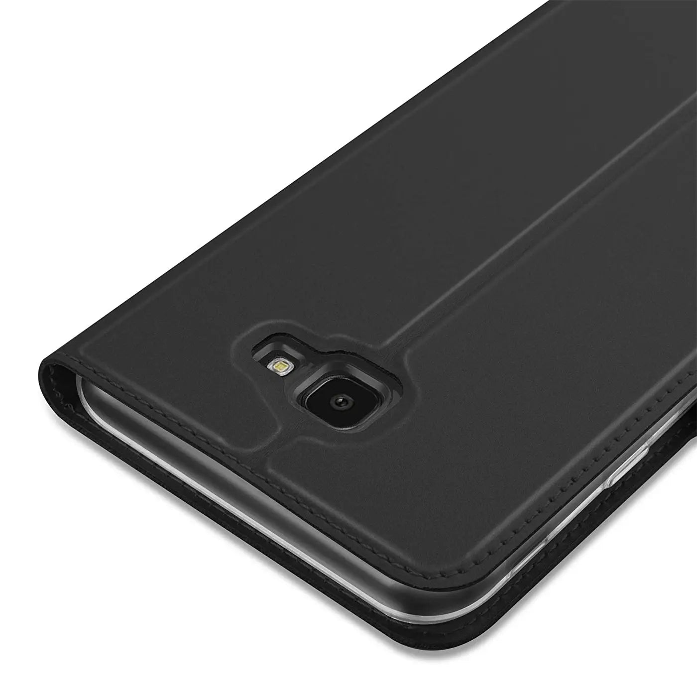 Schwarze Klapphülle aus Kunstleder für Samsung Galaxy J4 Plus, Nahaufnahme von hinten.