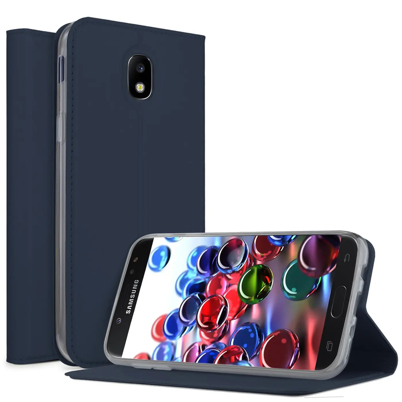 Dunkelblaue, klappbare Kunstlederhülle für Samsung Galaxy J5 2017. Eine Hülle steht, eine liegt mit Handy.