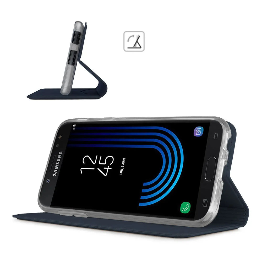 Dunkelblaue, metallische Flip-Hülle aus Kunstleder für Samsung Galaxy J5 2017, als Ständer genutzt, seitliche Ansicht.