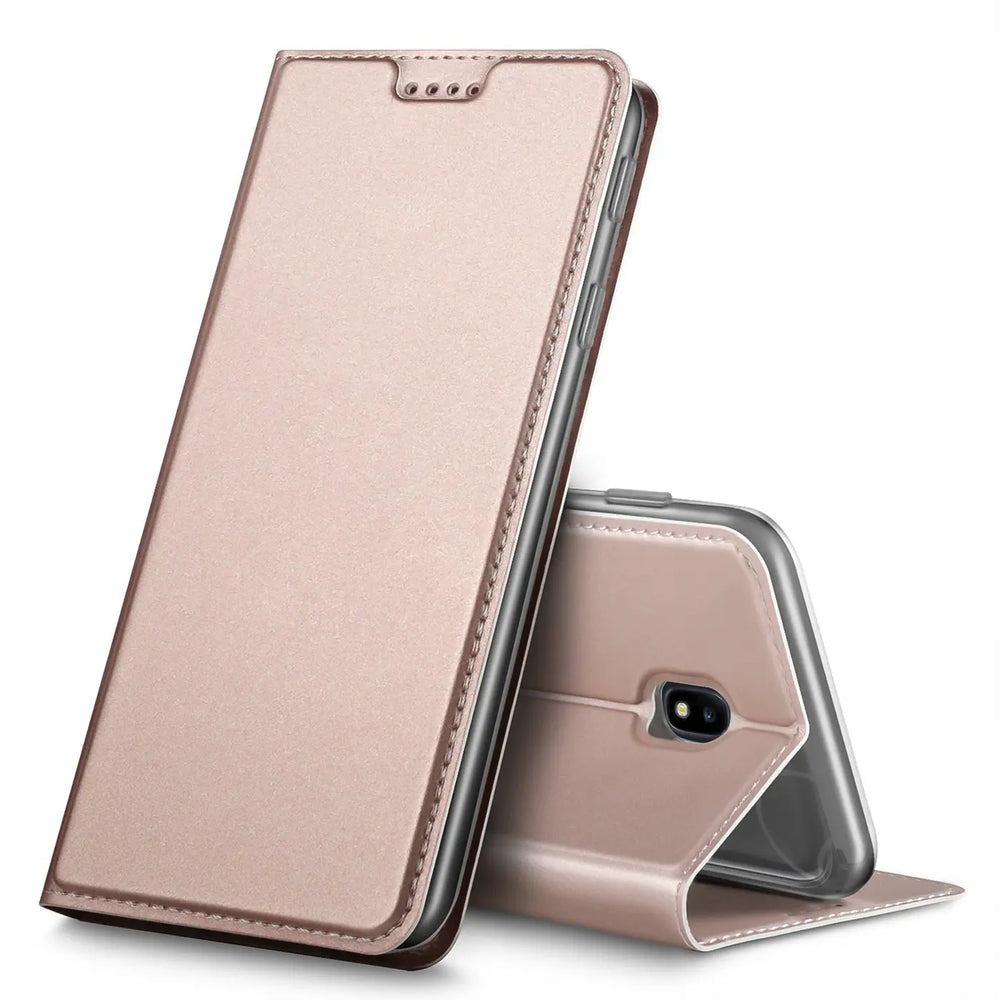 Roségoldene Metallic Flip Hülle für Samsung Galaxy J5 2017 aus Kunstleder, stehend und liegend von schräg oben.